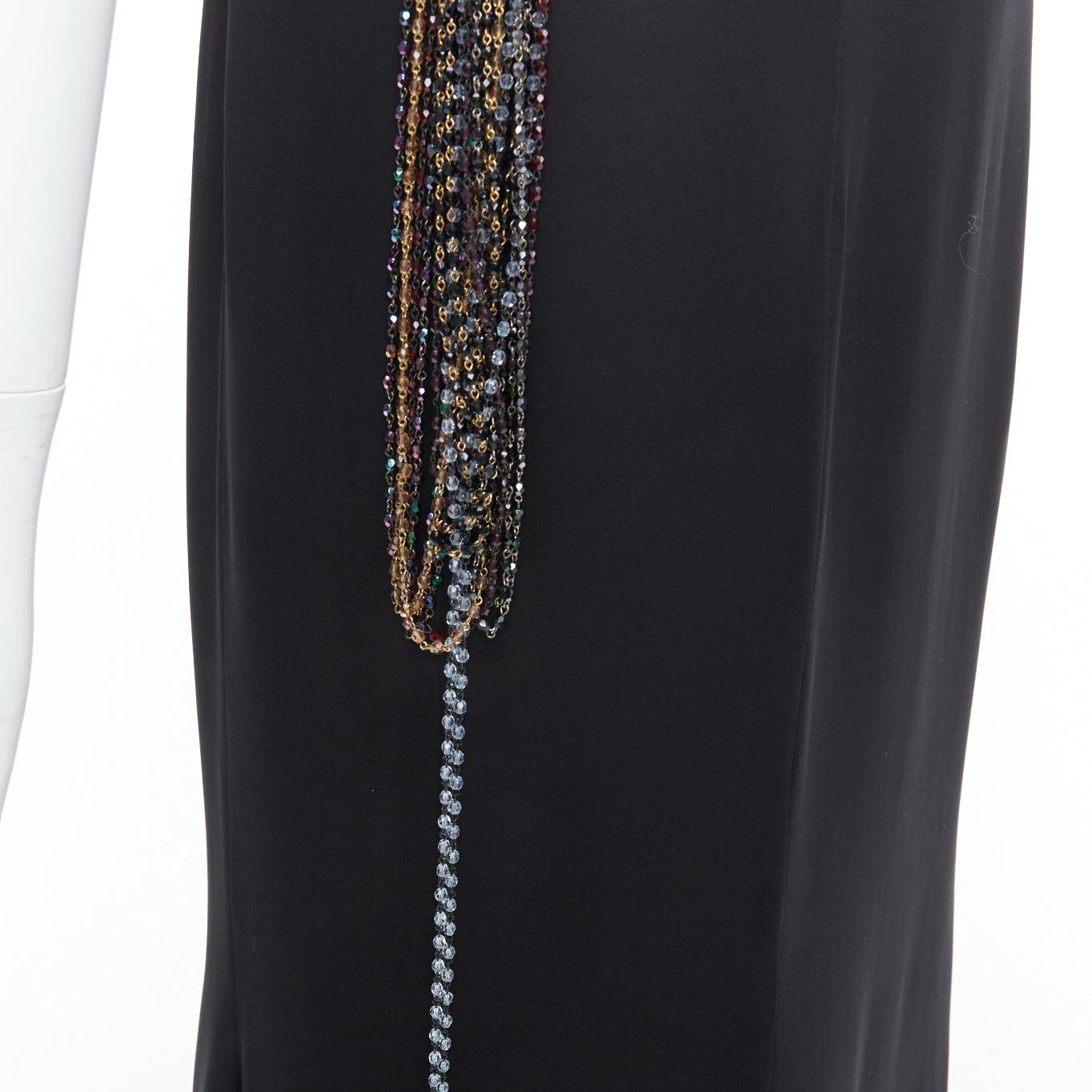 TODD OLDHAM Vintage black gold eye brooch crystal fringe single strap dress S 2