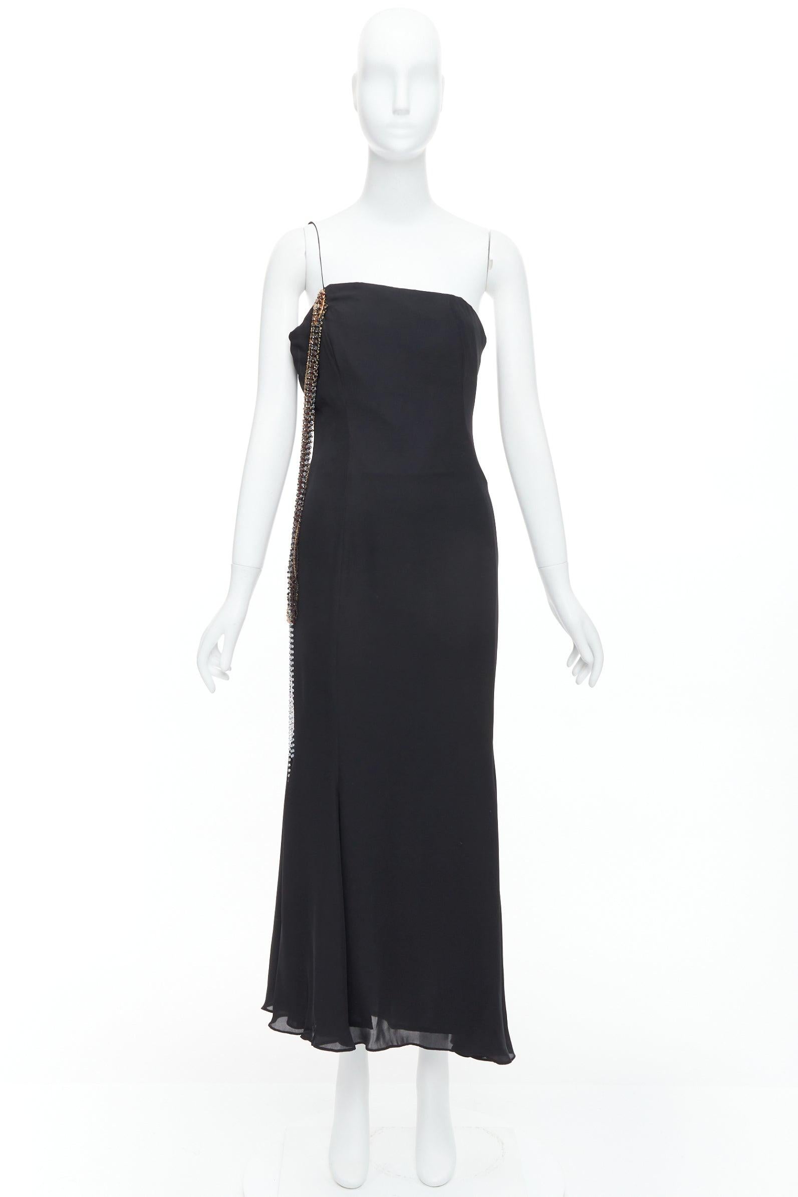 TODD OLDHAM Vintage black gold eye brooch crystal fringe single strap dress S 4