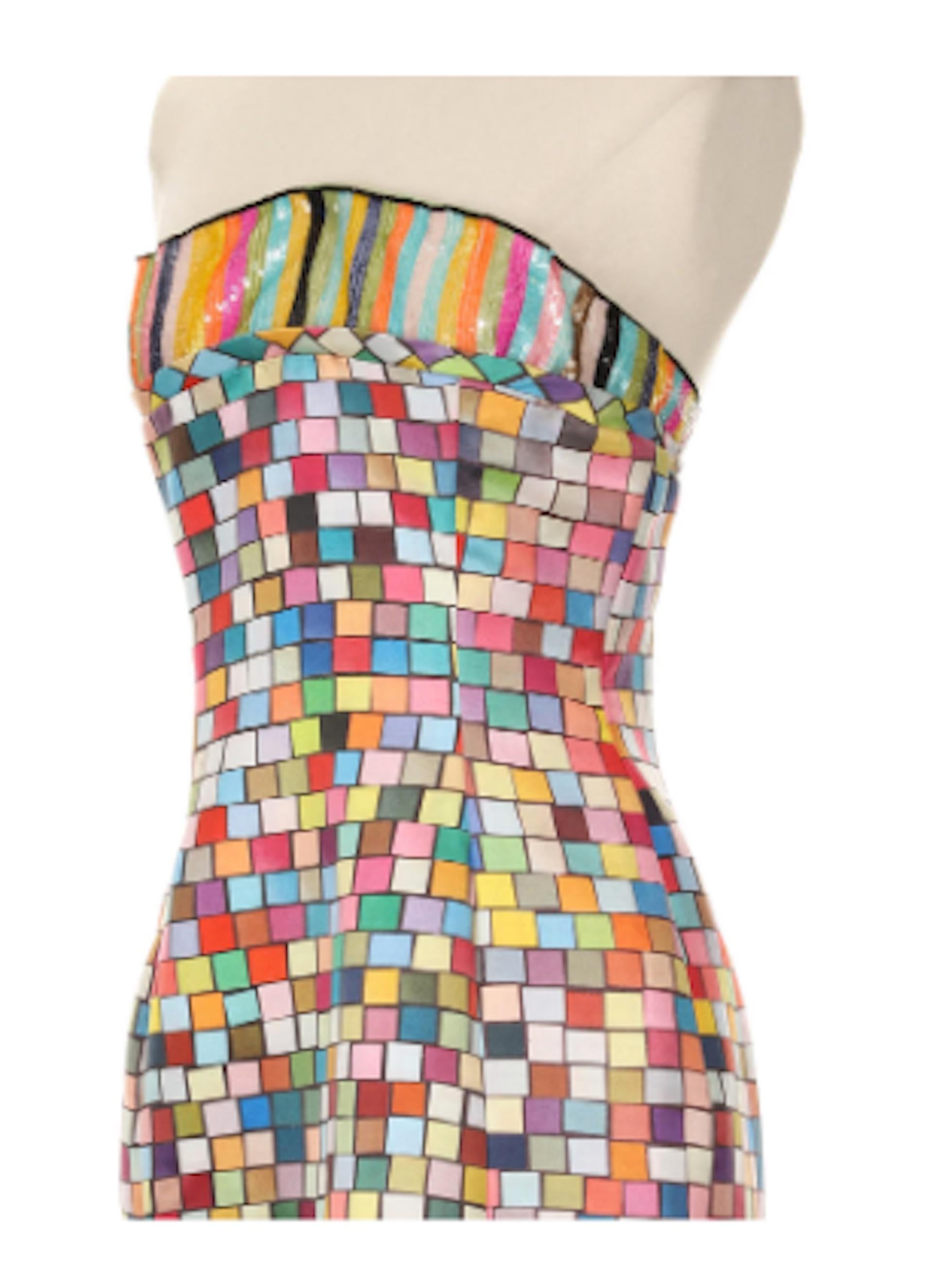 - Todd Oldham Embellished Rainbow Check Strapless Evening Dress. From the Spring 1996 Runway Collection and worn by Amber Valletta.Striking multicolored silk dress with structured corset top and sequin embellishment around the top of the bust.
-