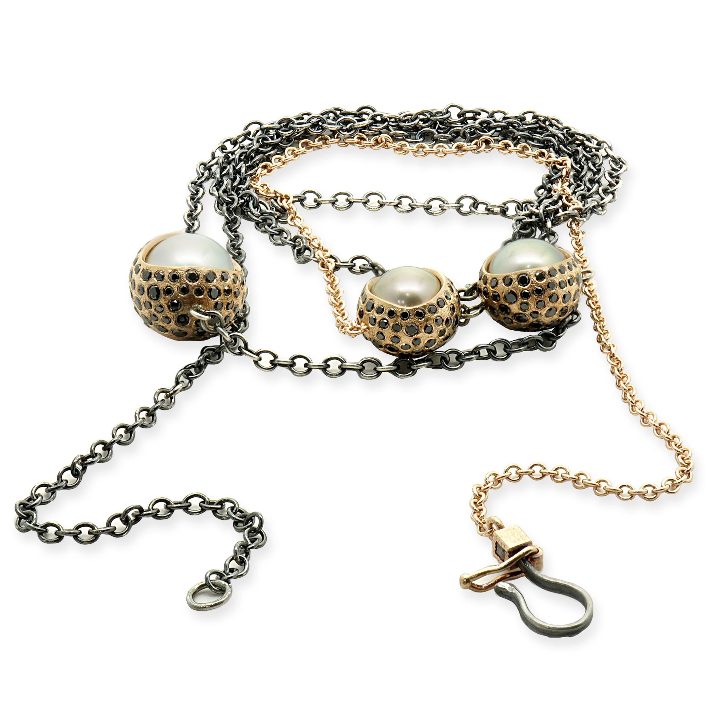 Todd Reed 18K Yellow Gold and SS Diamond and Tahitian Pearl Necklace In Excellent Condition For Sale In Scottsdale, AZ