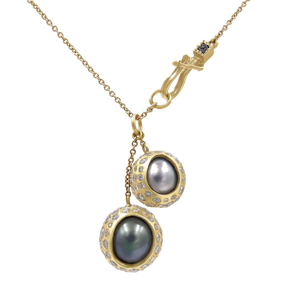 Todd Reed 2.56 Carat Diamond Wrapped Tahitian Pearl Double Gold Drop Necklace