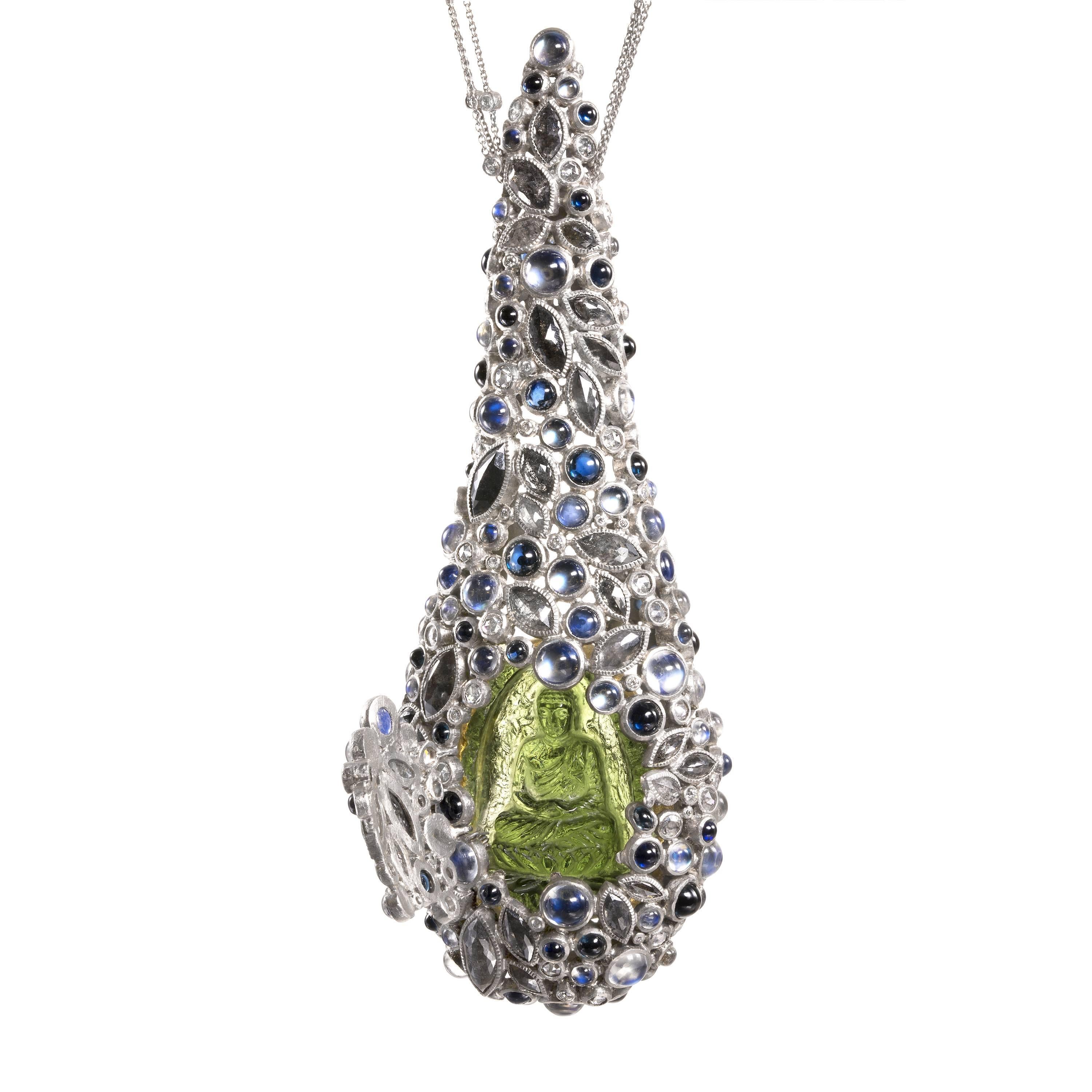 Todd Reed Award Winning Diamond Sapphire Moonstone Moldavite Buddha Necklace  In New Condition In Dallas, TX