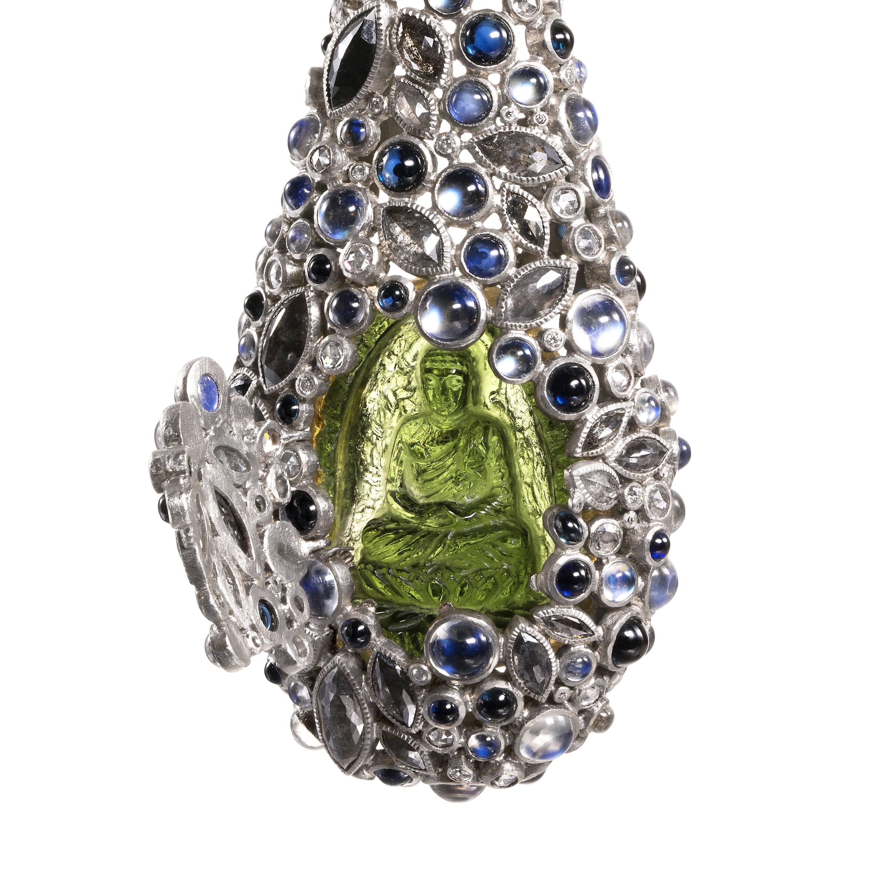 Women's Todd Reed Award Winning Diamond Sapphire Moonstone Moldavite Buddha Necklace 