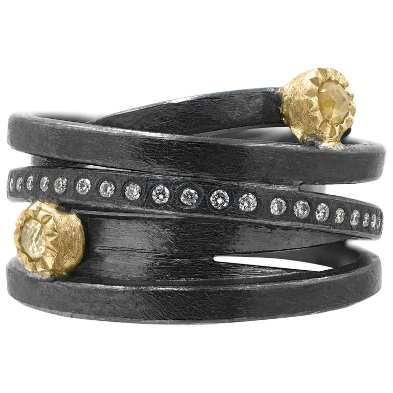 White + Natural Diamond Oxidized Silver Gold Eternity Wrap Ring, Todd ...