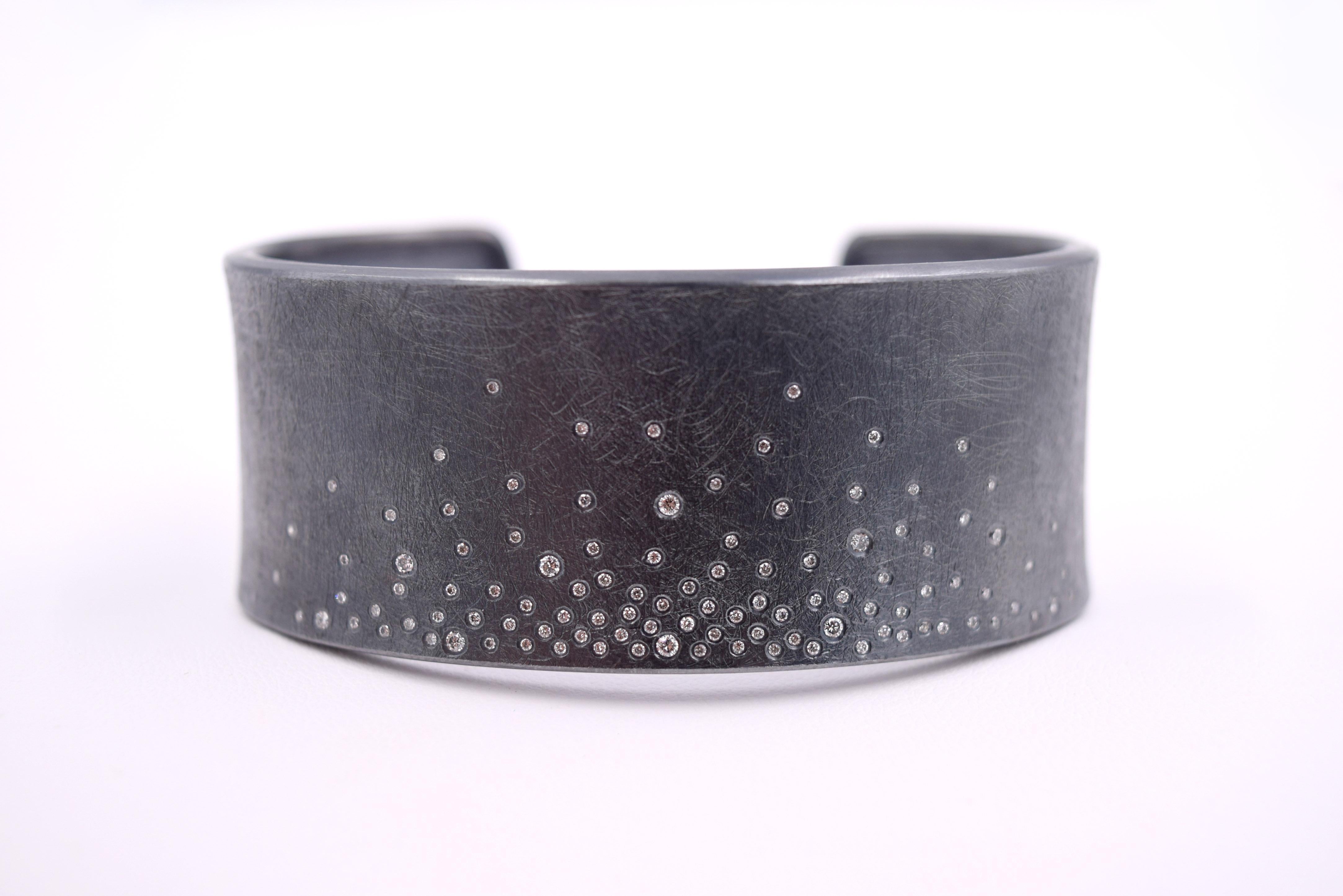 Modern Todd Reed designed Flush Set Diamond Cuff Bracelet in Oxidized Sterling Silver For Sale