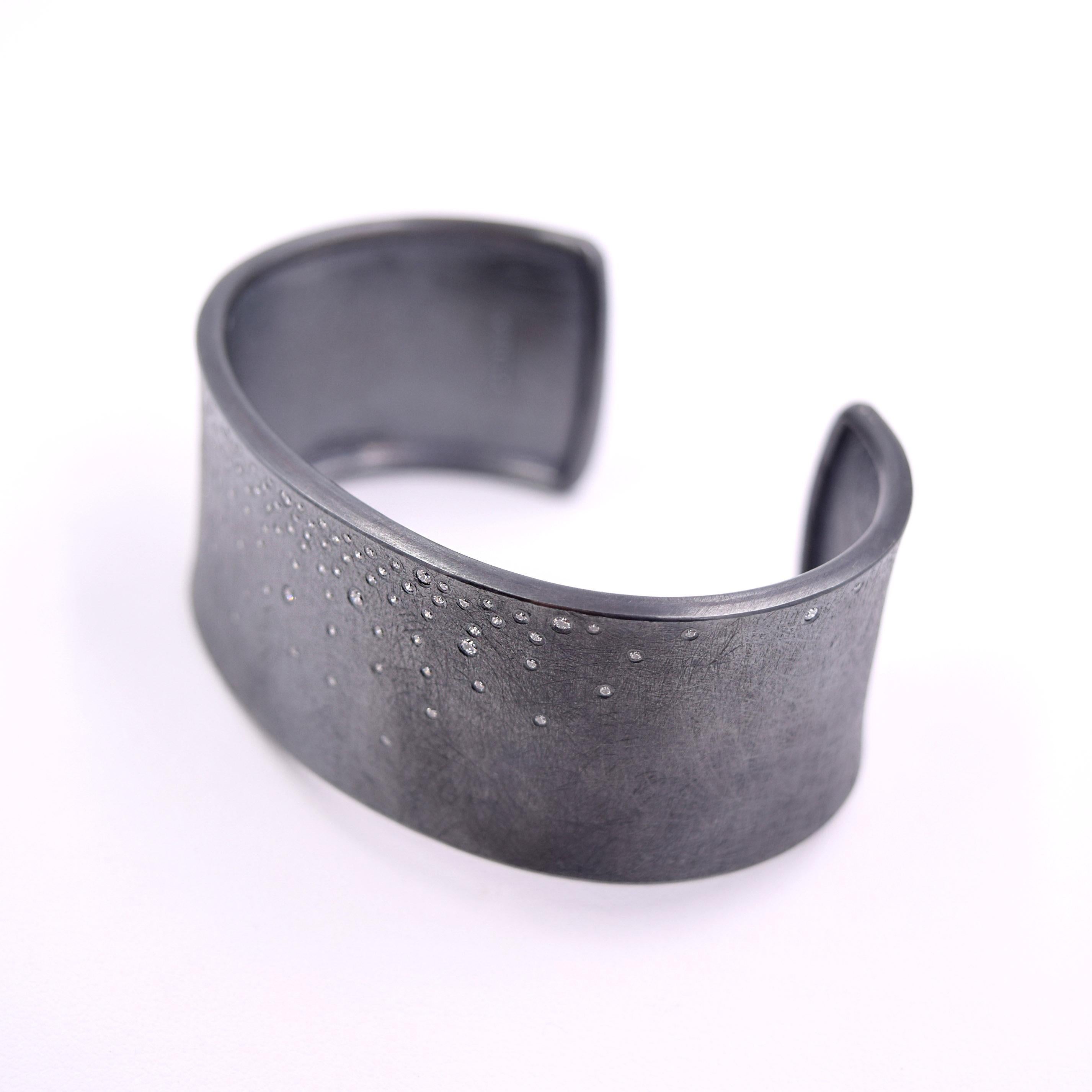 Round Cut Todd Reed designed Flush Set Diamond Cuff Bracelet in Oxidized Sterling Silver For Sale