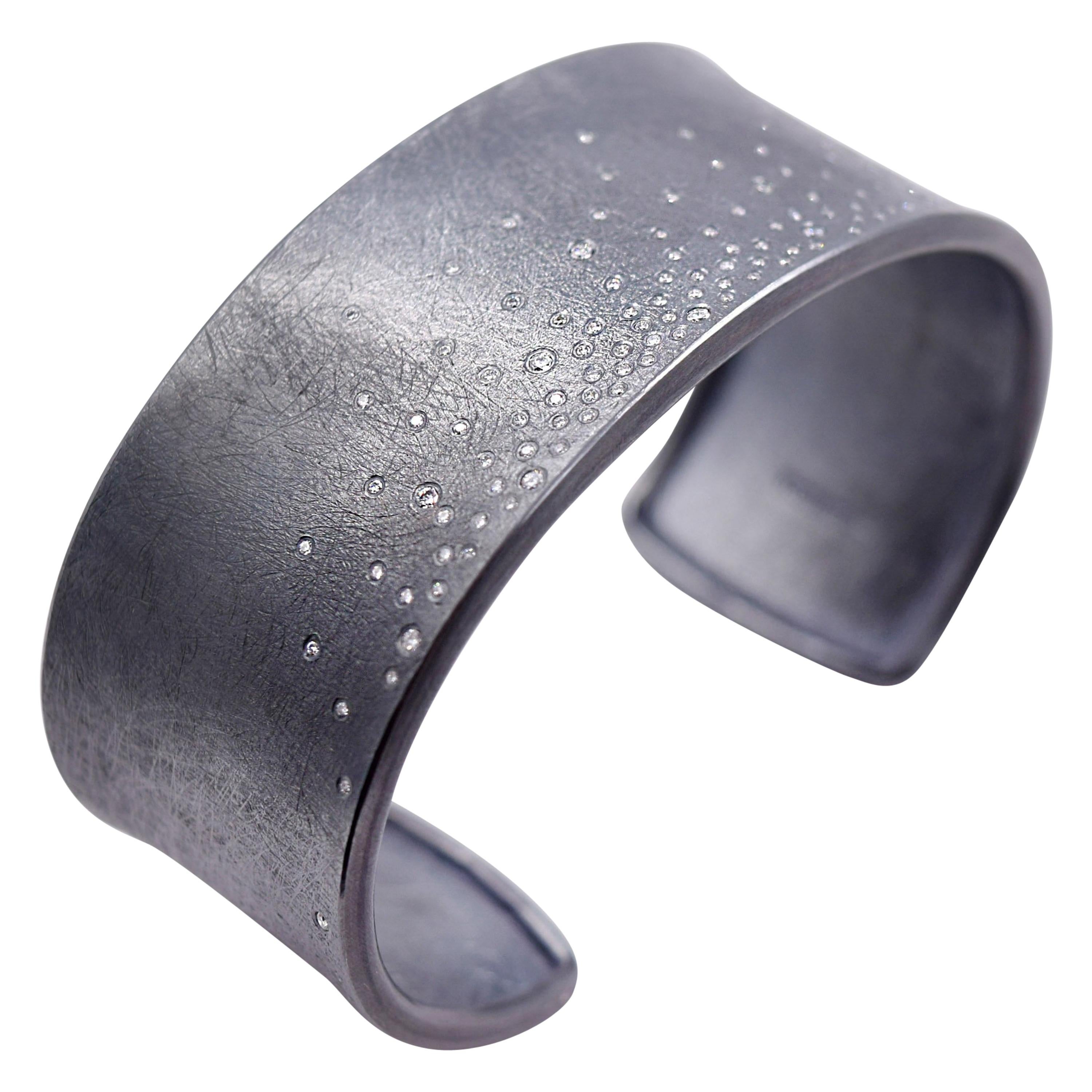 Todd Reed designed Flush Set Diamond Cuff Bracelet in Oxidized Sterling Silver For Sale