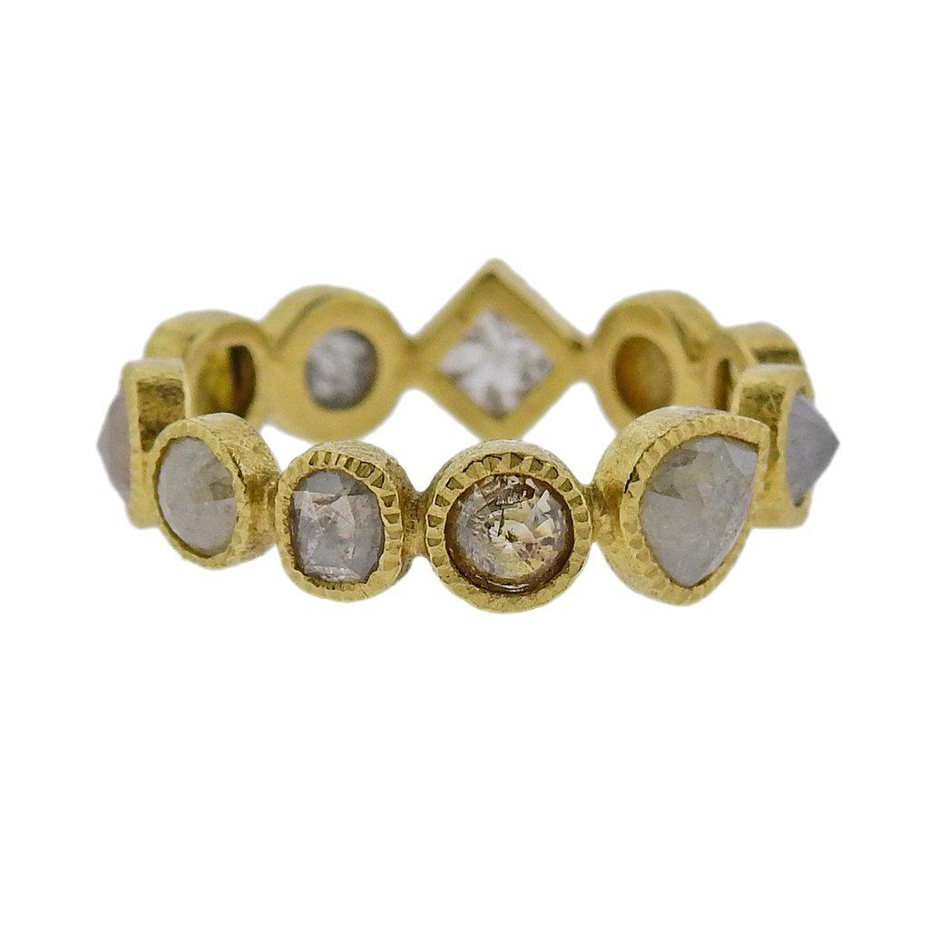 18k gold eternity wedding band ring, featuring mixed shape rough cut diamonds - approx. 3.45ctw. Crafted by Todd Reed. Ring size - 6.25, top - 5mm wide.  Marked Signature TR cut and finish. Not signed. 