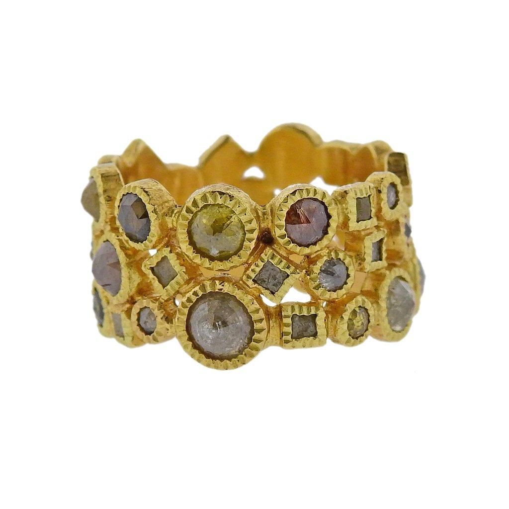 Wide 18k gold band ring by Todd Reed, set with a total of approx. 6.70ctw of rose cut rough diamonds. Ring size - 6.5, top - 13mm wide.  Weight is 9.2 grams. Marked T.Reed 750.