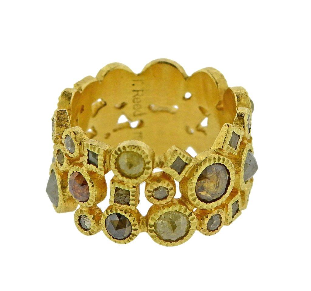 Todd Reed Gold Rose Cut Rough 6.70 Carat Diamond Wide Band Ring In Excellent Condition In Lambertville, NJ