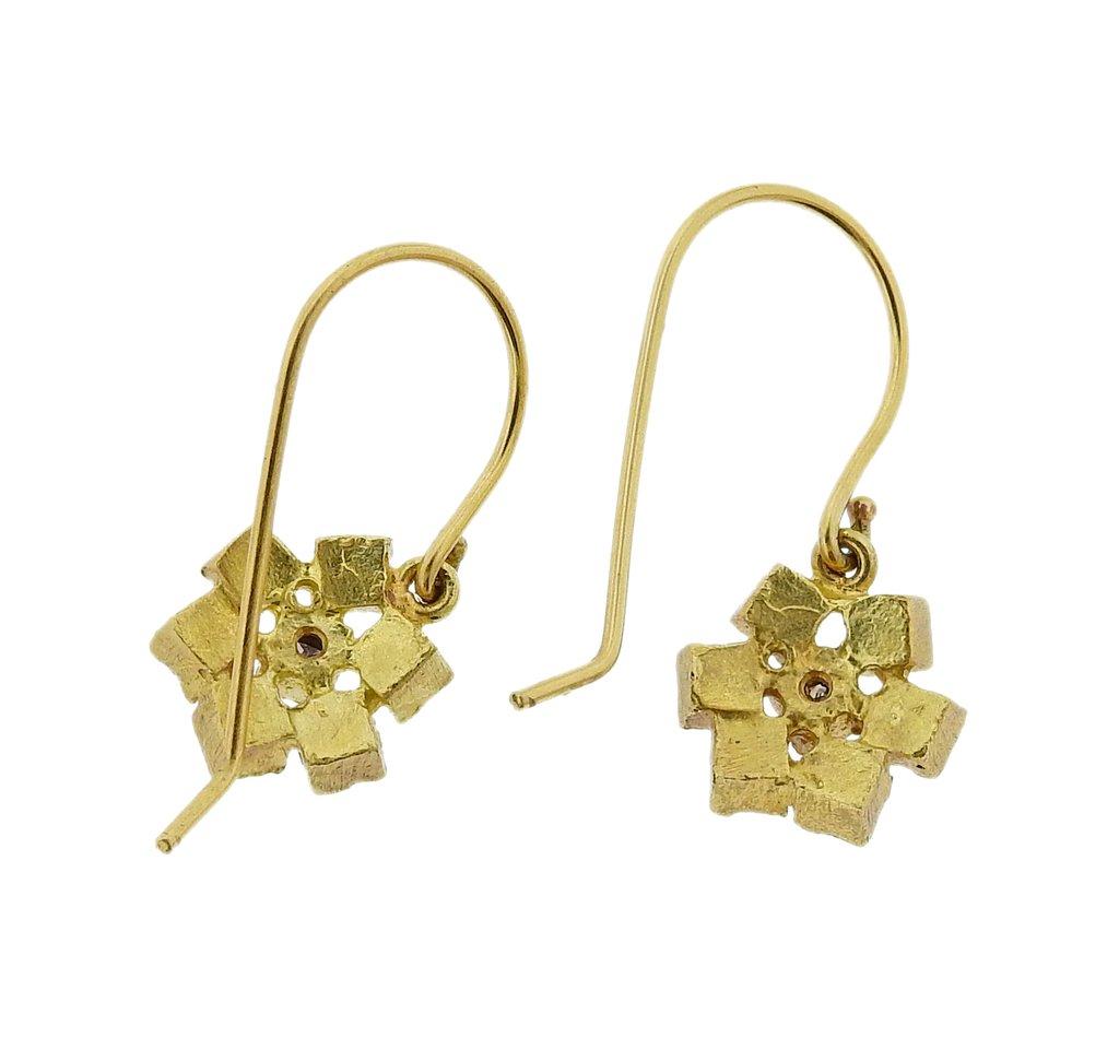 Pair of 18k gold earrings by Todd Reed, set with a combination of square and rough cut diamonds - approx. 1.20ctw. Earrings are 23mm x 12mm. Weight is 4.7 grams. Signature TR finish. Not signed. 