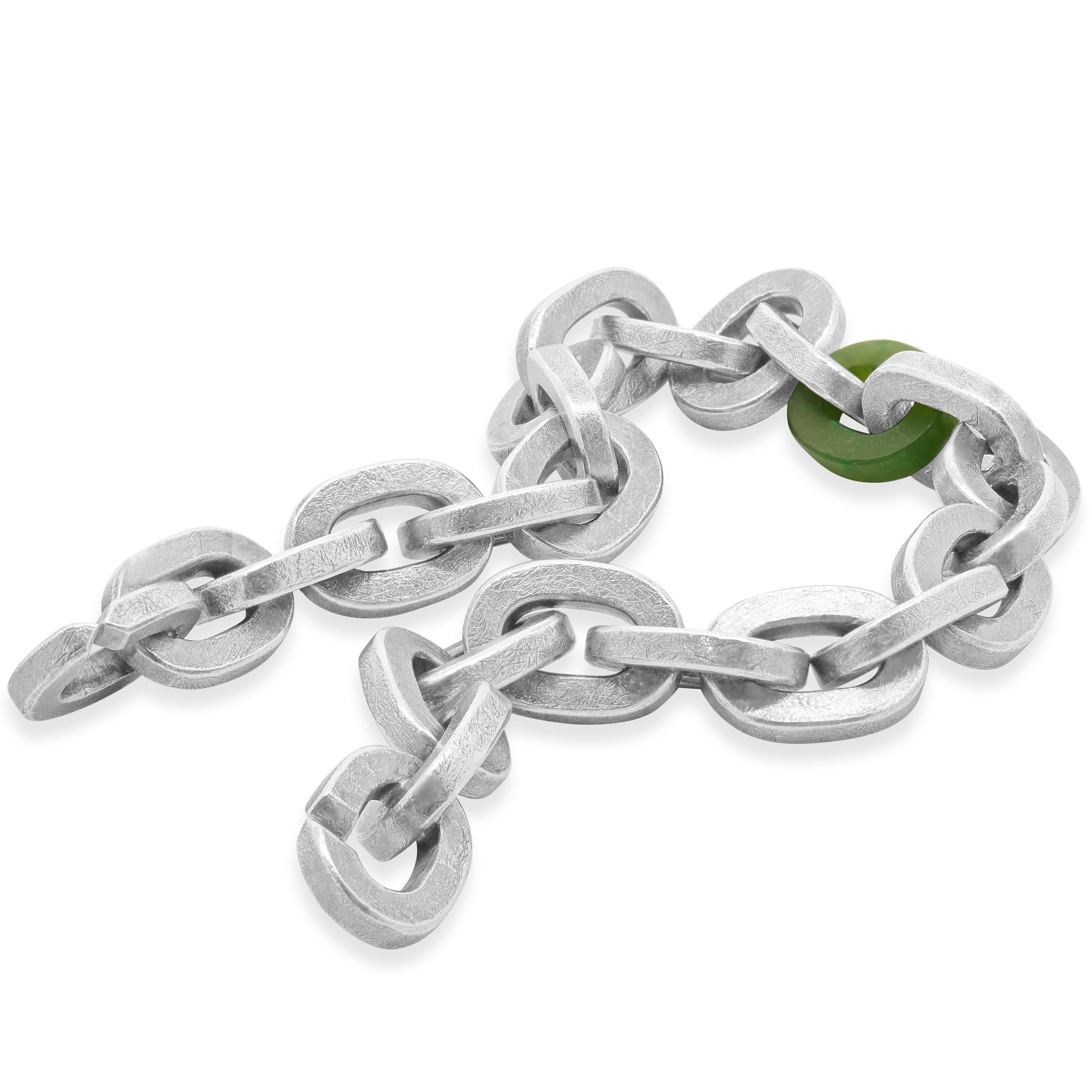 Todd Reed Sterling Silver Green Jade Link Bracelet In Excellent Condition For Sale In Scottsdale, AZ
