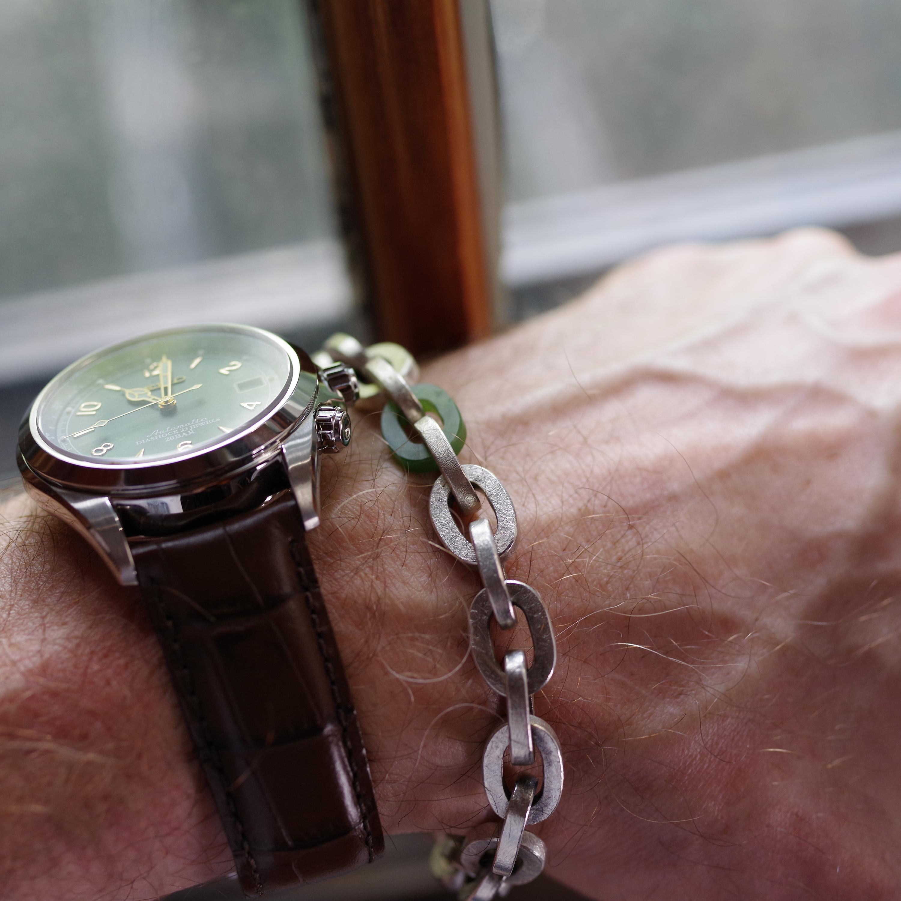 Todd Reed Sterling Silver Link Men's Bracelet with Green Jade 1