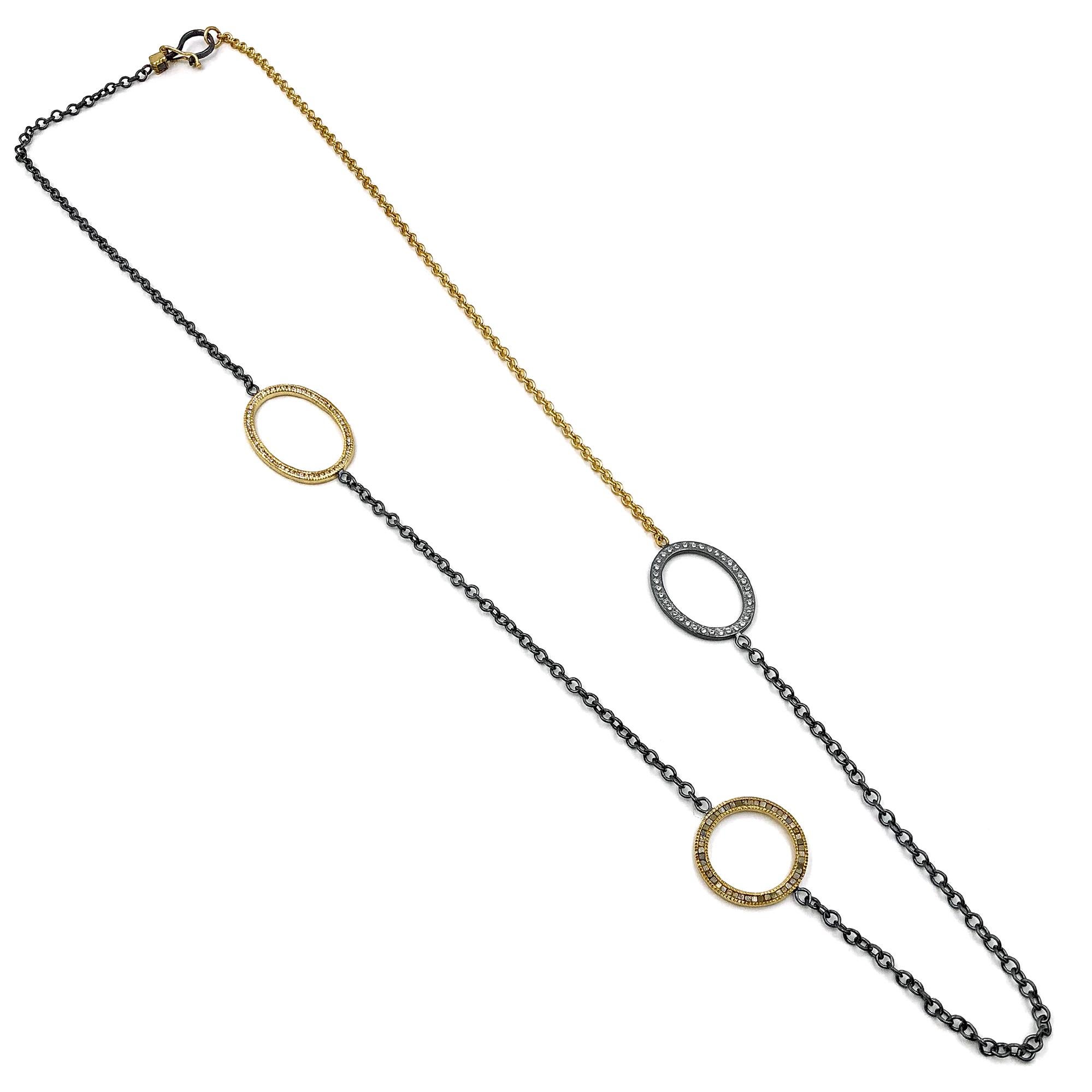 Triple Open Link Necklace handmade in signature-finished 18k yellow gold and patina sterling silver by award-winning jewelry artist Todd Reed featuring one 18k yellow gold link channel-set with round brilliant-cut white diamonds, one 18k yellow gold