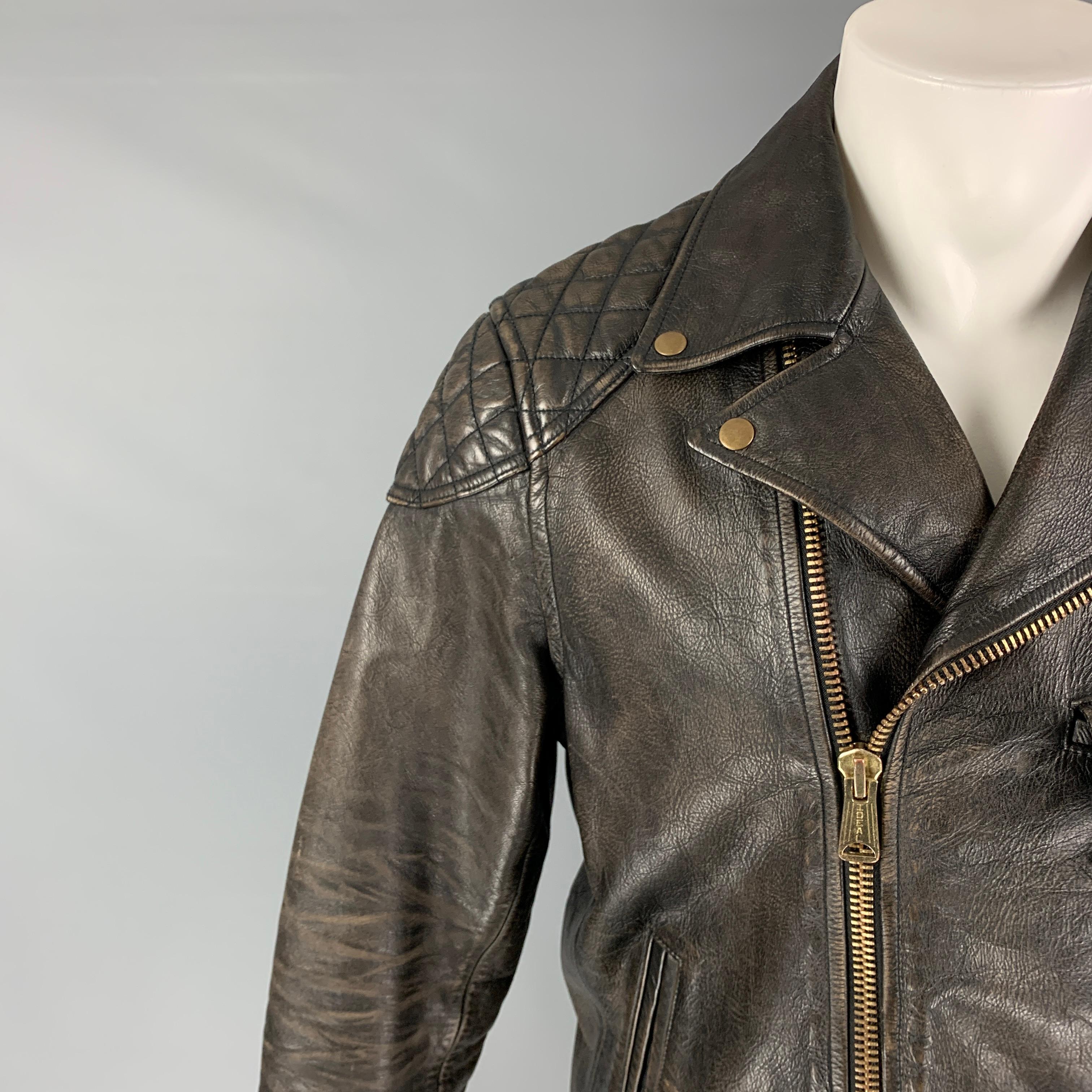 TODD SNYDER jacket comes in a brown antique horsehide leather featuring a biker style, quilted panels, front pockets, zipped sleeves, and a zip up closure. 

Very Good Pre-Owned Condition.
Marked: M

Measurements:

Shoulder: 17.5 in.
Chest: 40