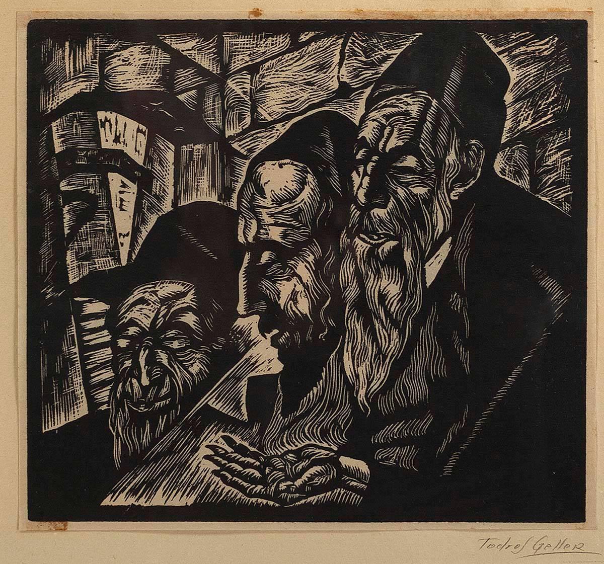 3 Jewish Men Judaica Woodblock Woodcut Engraving Print Chicago 1930s WPA Artist