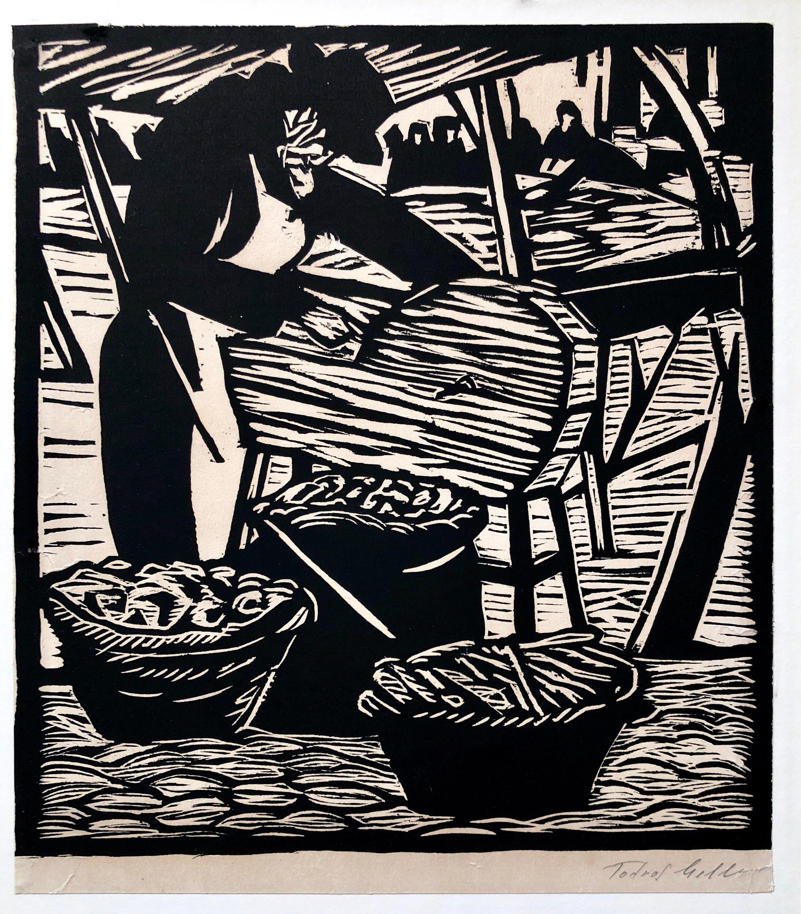 Todros Geller Figurative Print -  Jewish Market Peddler Judaica Woodblock Woodcut  Print Chicago 1930s WPA Artist