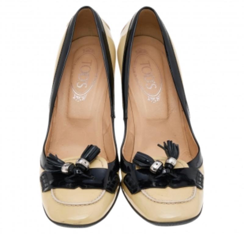 Women's Tod's Beige/Black Patent Leather Tassel Loafer Pumps Size 41