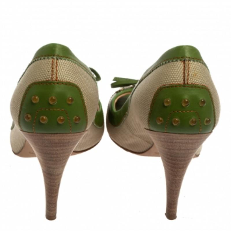 Women's Tod's Beige/Green Canvas And Leather Peep Toe Slip On Pumps Size 40 For Sale
