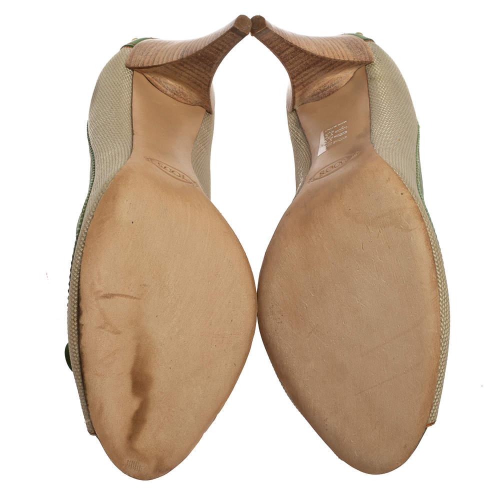 Tod's Beige/Green Canvas And Leather Peep Toe Slip On Pumps Size 40 1