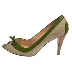 Tod's Beige/Green Canvas And Leather Peep Toe Slip On Pumps Size 40