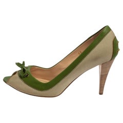Tod's Beige/Green Canvas And Leather Peep Toe Slip On Pumps Size 40