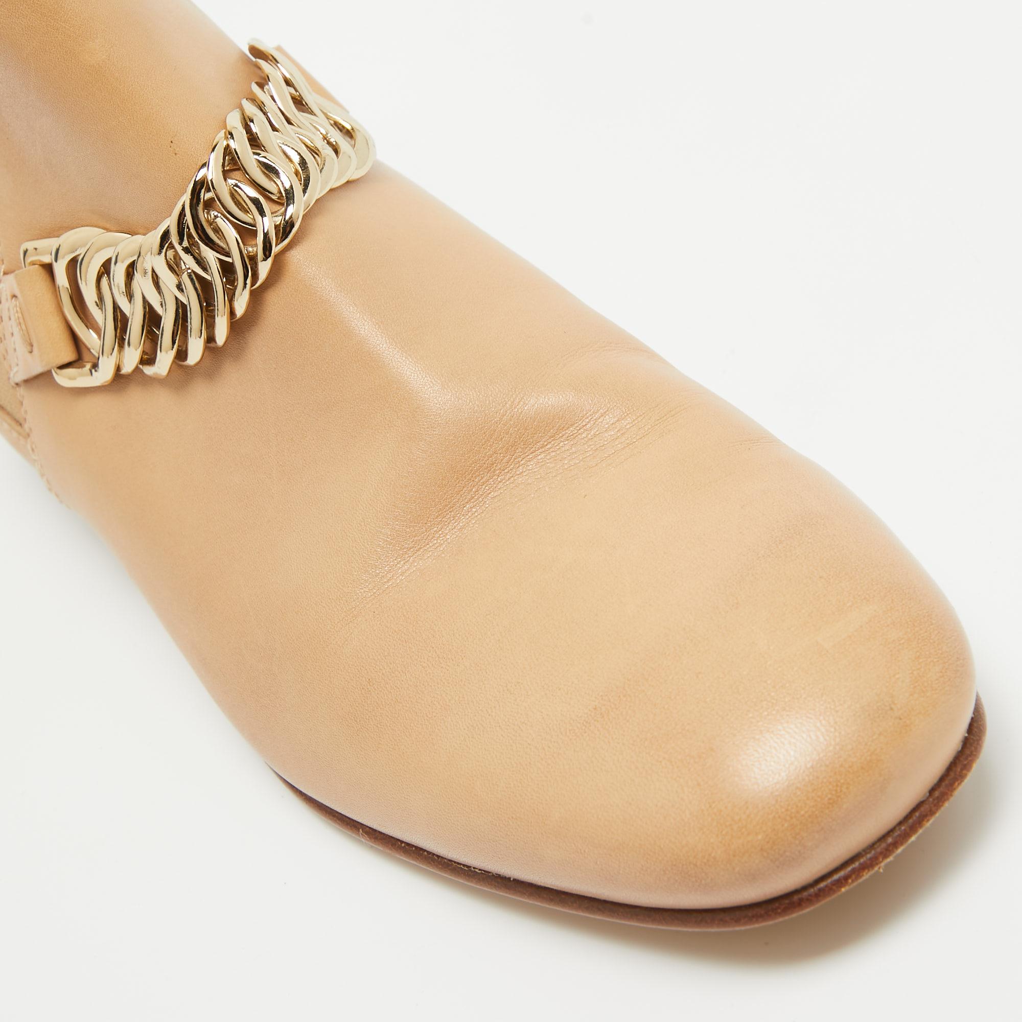 Tod's Beige Leather Chain Detail Ankle Boots Size 35.5 For Sale 4
