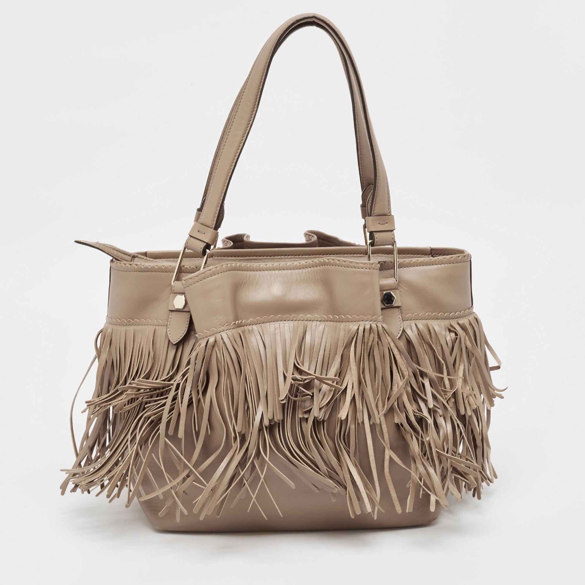 Women's Tod's Beige Leather Fringe Tote