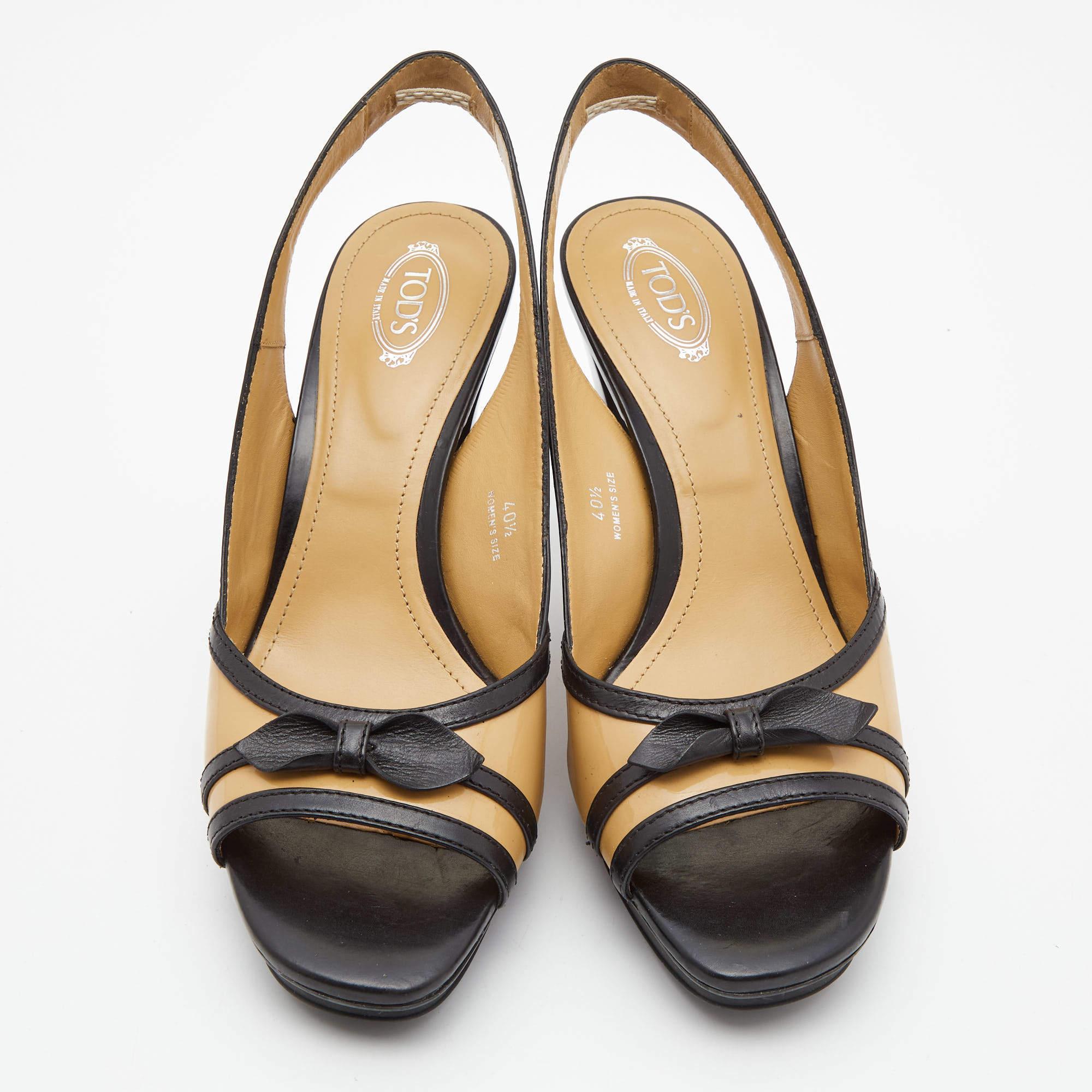 Tod's Beige Lackleder Schleife Plateau Slingback Offene Zehe Sandalen Größe 40,5 im Zustand „Gut“ im Angebot in Dubai, Al Qouz 2