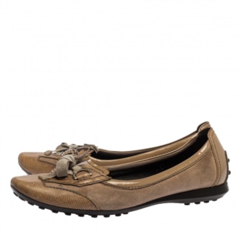 Tod's Beige Patent, Lizard Embossed Leather And Suede Bow Flats Size 36 For Sale 3
