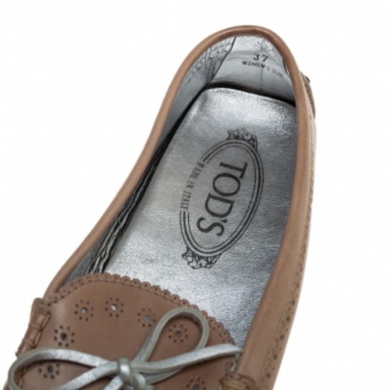 Tod's Beige Perforated Leather Bow Loafers Size 37 For Sale 3