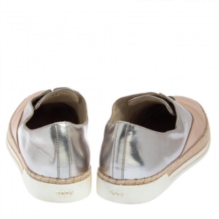 Tod's Beige/Silver Leather Francesina Slip On Espadrille Sneakers Size 38.5 For Sale 1