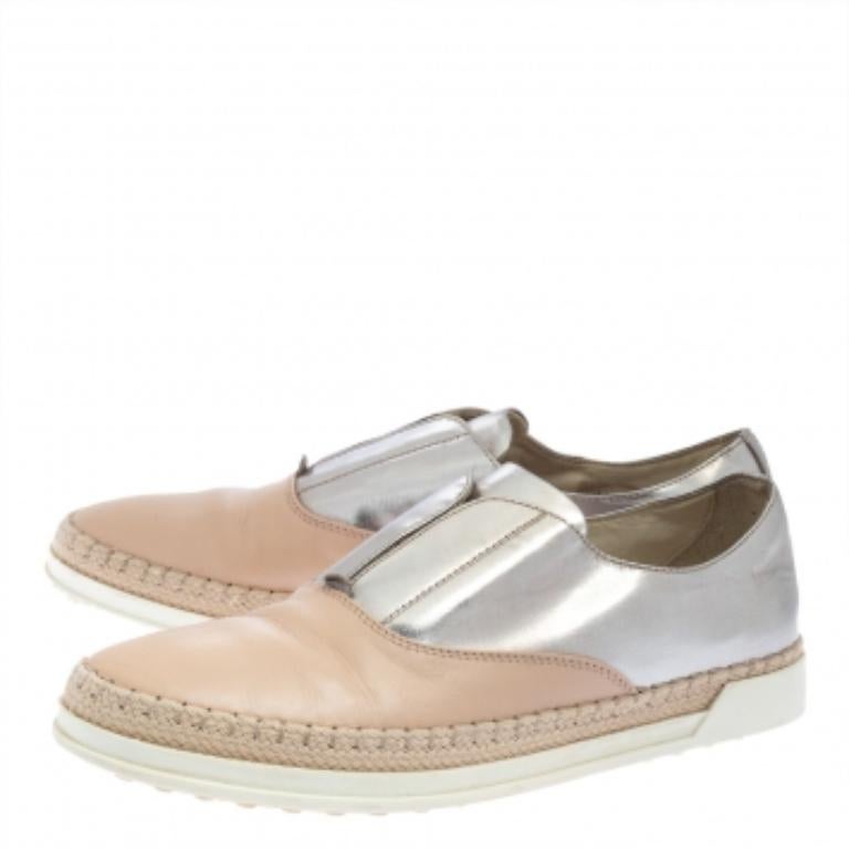 Tod's Beige/Silver Leather Francesina Slip On Espadrille Sneakers Size 38.5 For Sale 2