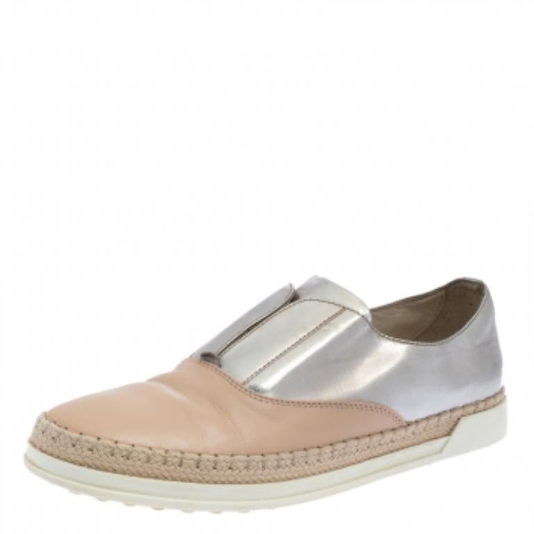 Tod's Beige/Silver Leather Francesina Slip On Espadrille Sneakers Size 38.5 For Sale 3