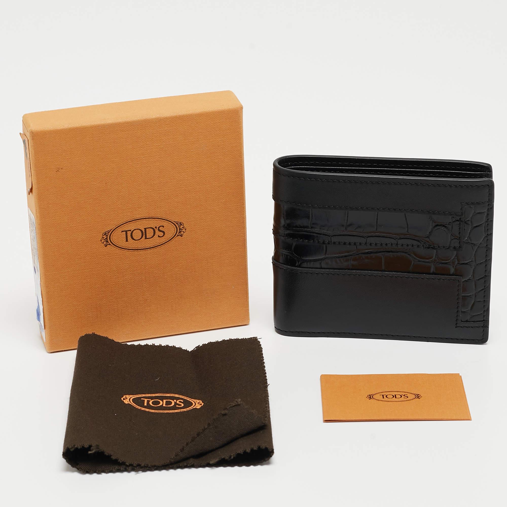 Men's Tod's Black Croc Embossed and Leather Bifold Wallet