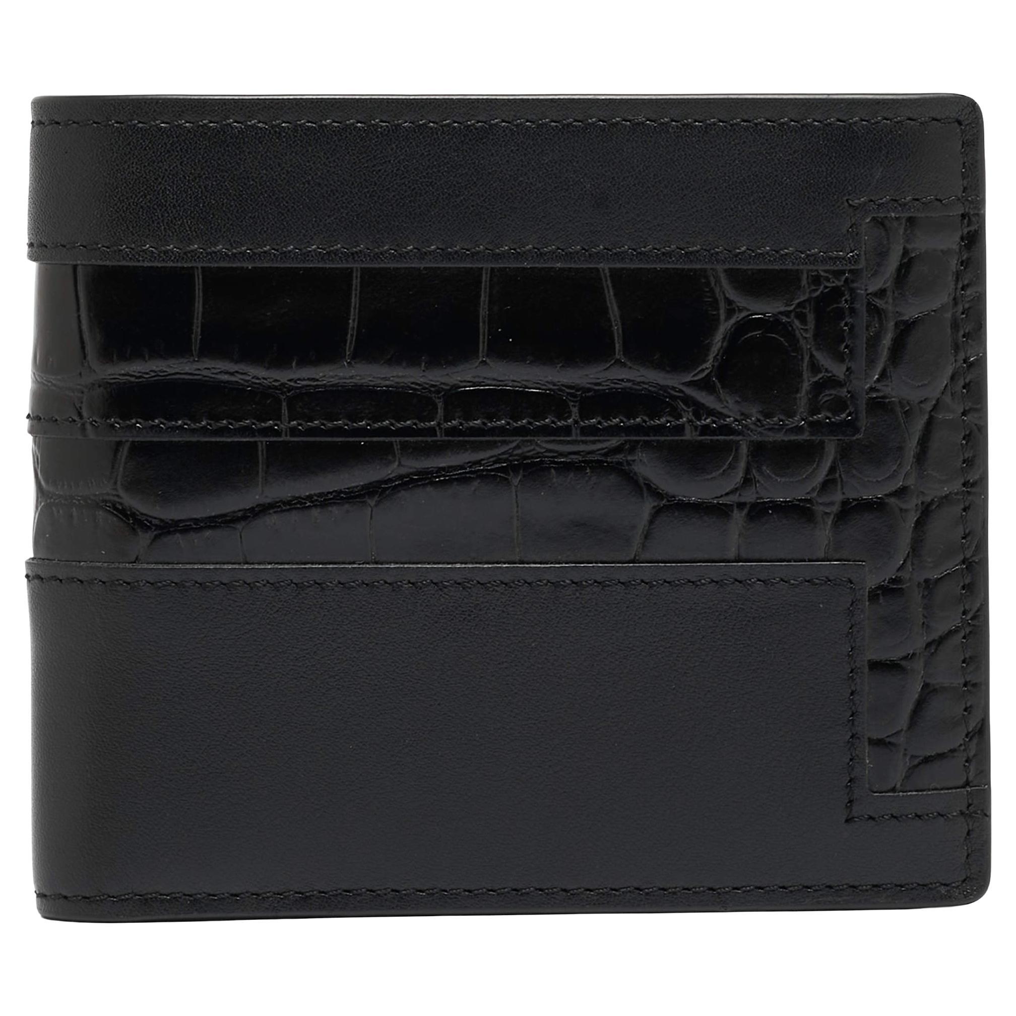 Tod's Black Croc Embossed and Leather Bifold Wallet