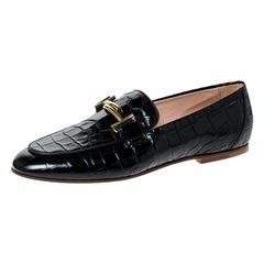 Tod's Black Croc Embossed Leather Double T Flat Loafers Size 38.5