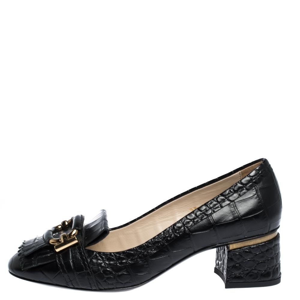 Tods Black Croc Embossed Leather Fringed Buckle Pumps Size 37 1