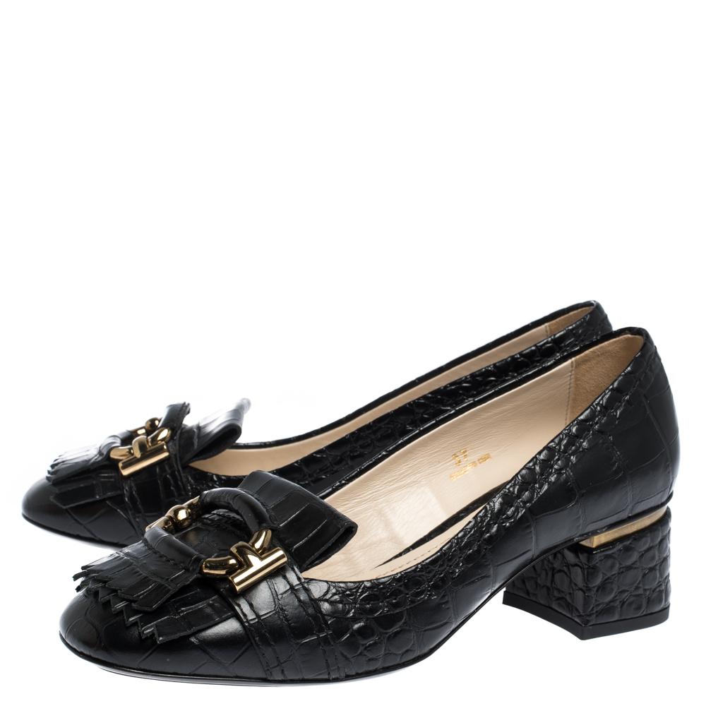 Tods Black Croc Embossed Leather Fringed Buckle Pumps Size 37 3