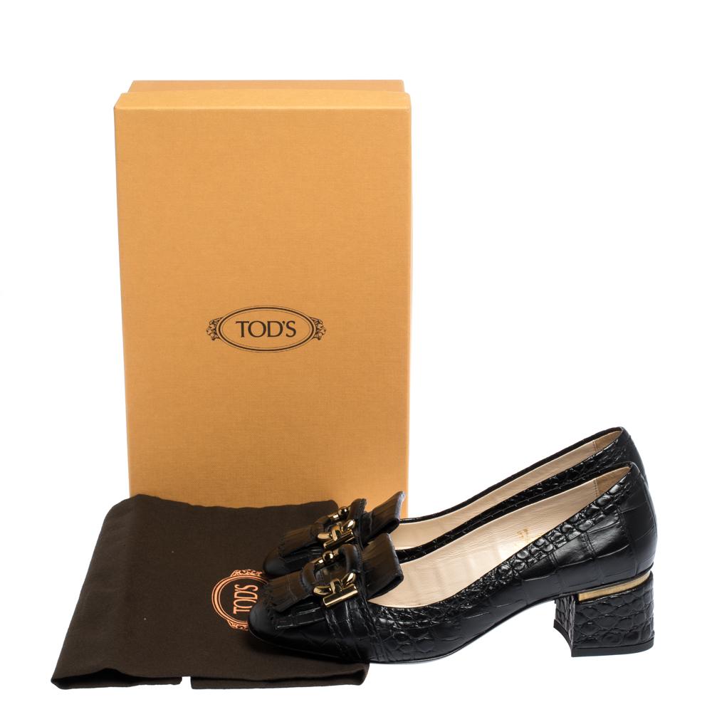 Tods Black Croc Embossed Leather Fringed Buckle Pumps Size 37 4