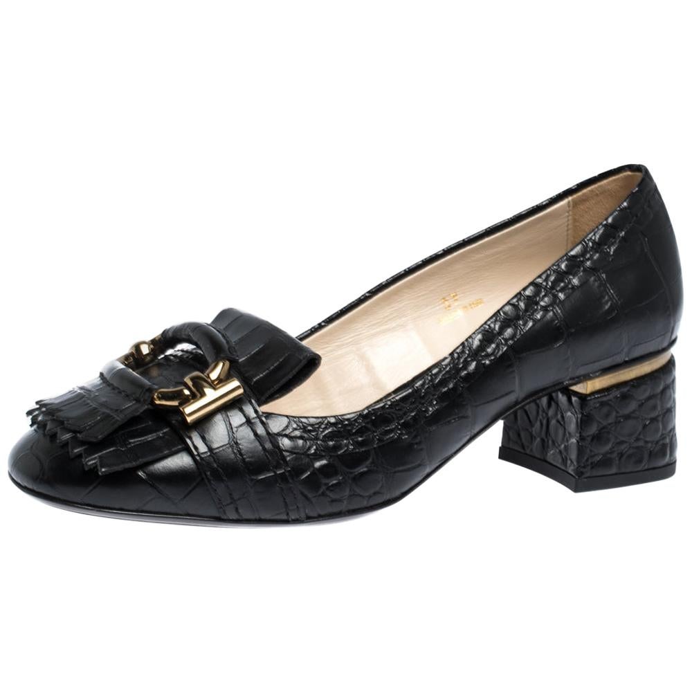 Tods Black Croc Embossed Leather Fringed Buckle Pumps Size 37