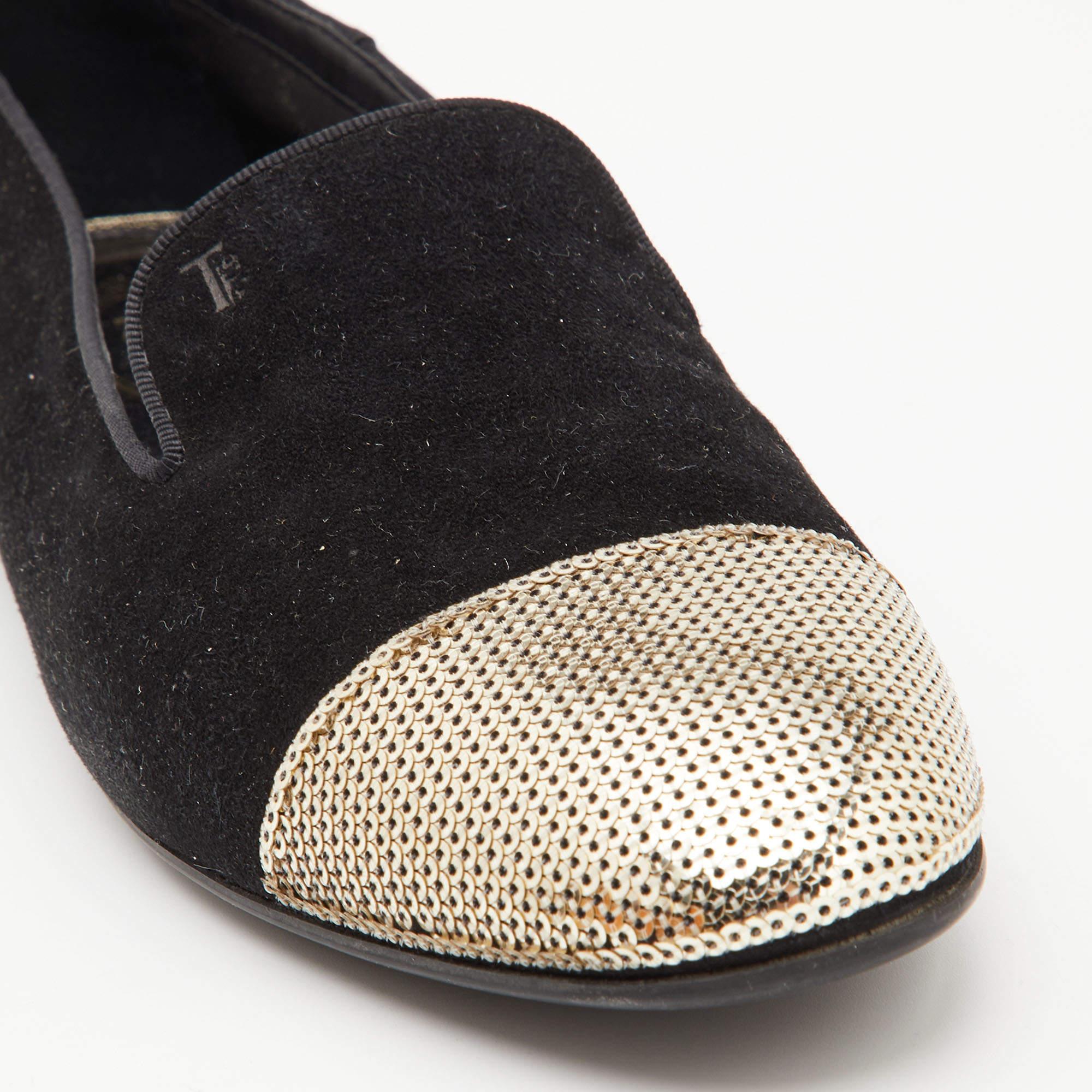 Tod's Black/Gold Suede & Sequins Embellished Slip On Smoking Slippers Size 37.5 For Sale 3