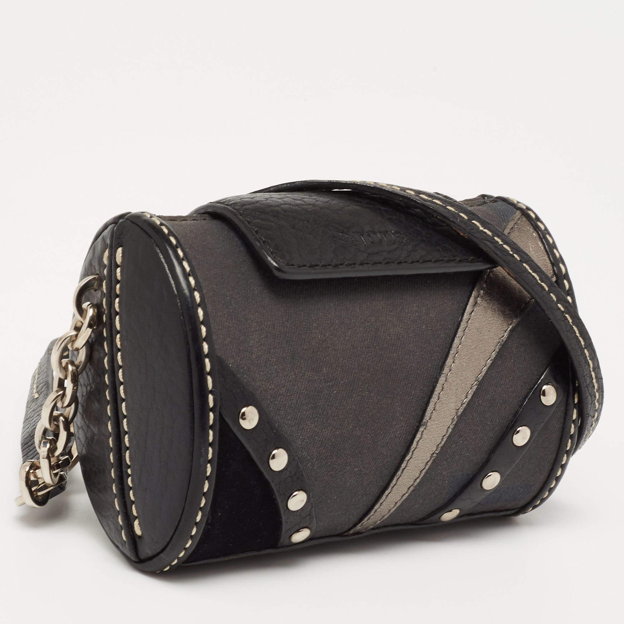 Tod's Black Leather and Canvas Studded Flap Shoulder Bag In Fair Condition In Dubai, Al Qouz 2