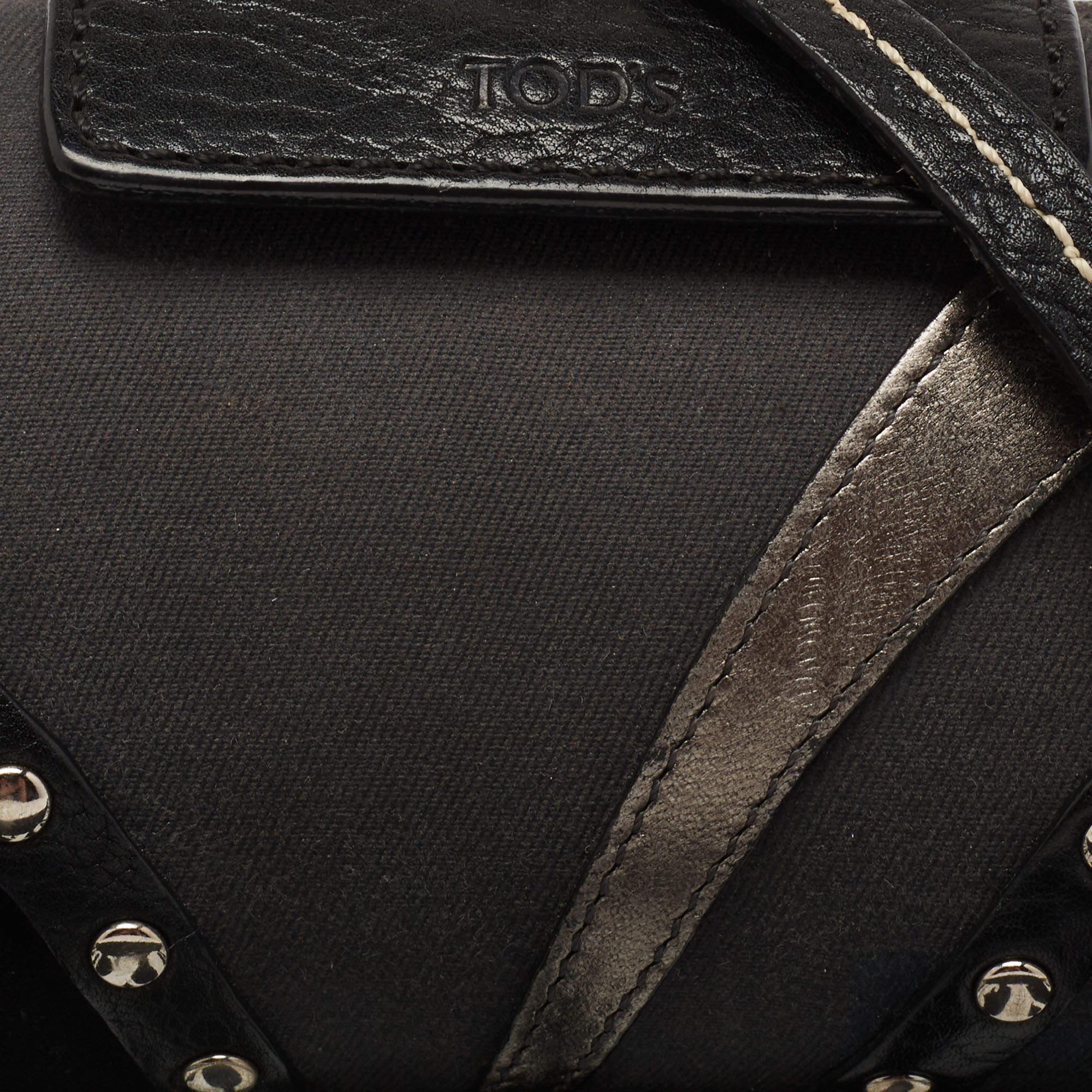 Tod's Black Leather and Canvas Studded Flap Shoulder Bag 1