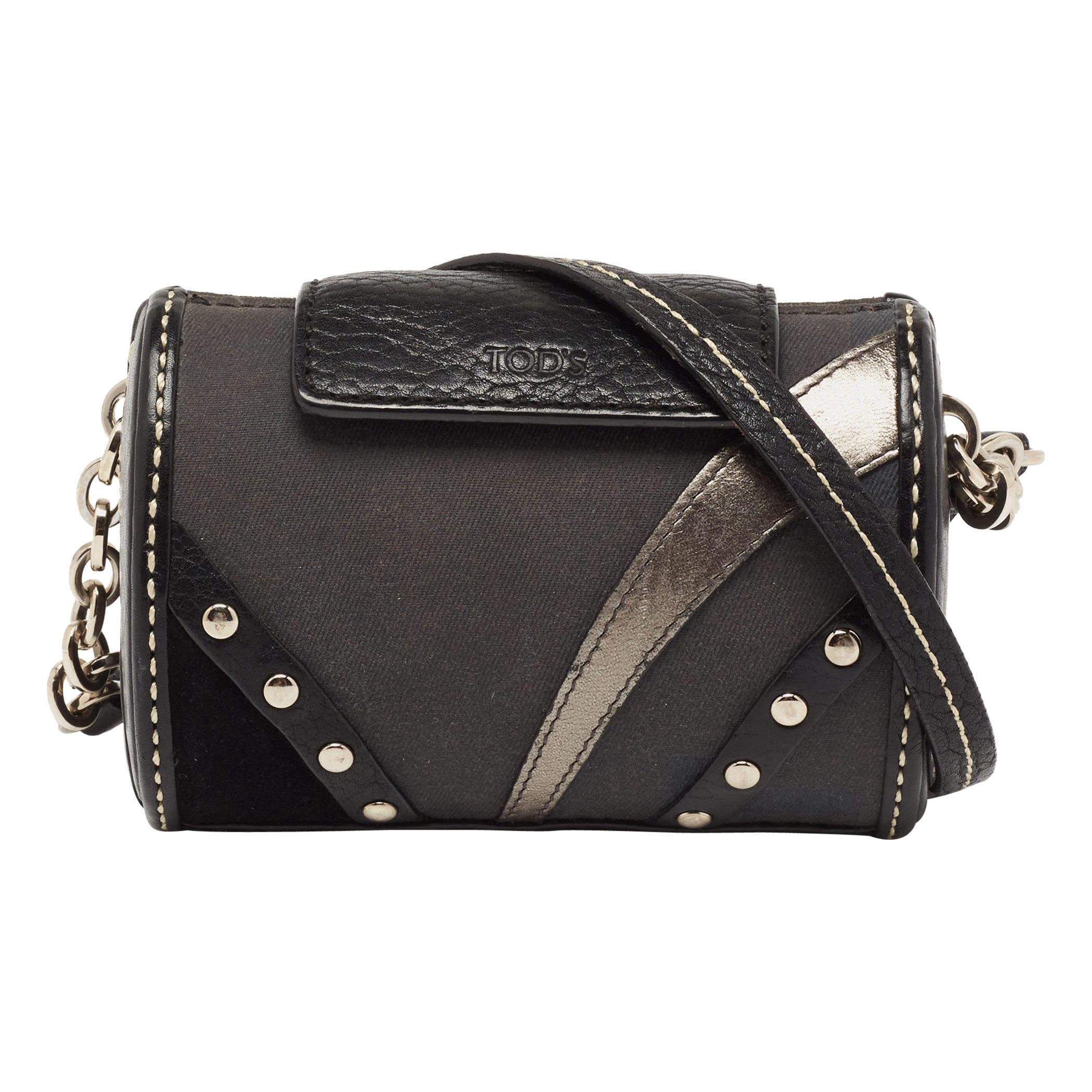 Tod's Black Leather and Canvas Studded Flap Shoulder Bag