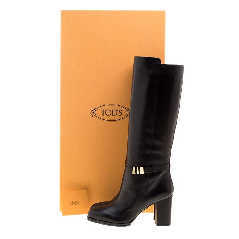 Tod's Black Leather Block Heel Buckle Tall Boots Size 37.5 5