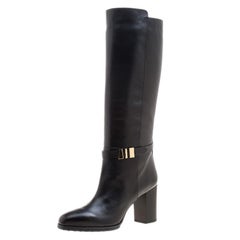 Tod's Black Leather Block Heel Buckle Tall Boots Size 37.5