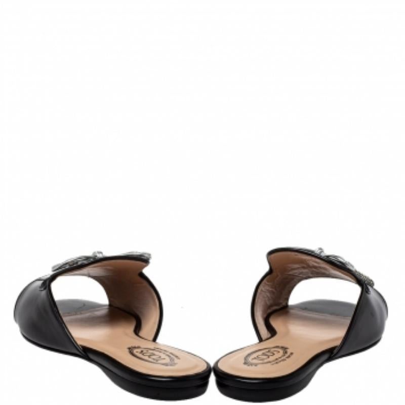 Tod's Black Leather Bow Slide Sandals Size 36.5 For Sale 1