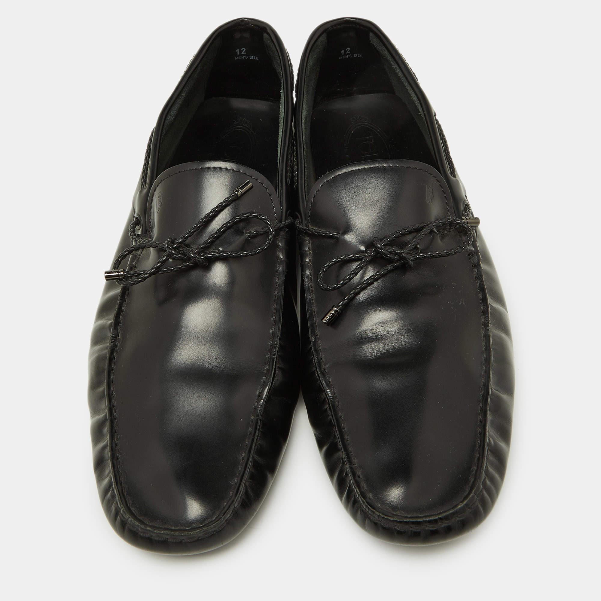 Tod's Black Leather Bow Slip-On Loafers Size 47 In Good Condition For Sale In Dubai, Al Qouz 2