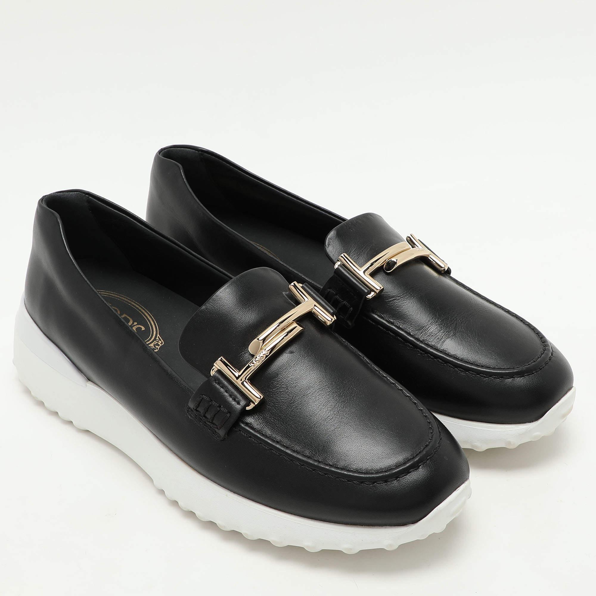 Women's Tod's Black Leather Double T Slip On Loafers Size 38.5 For Sale
